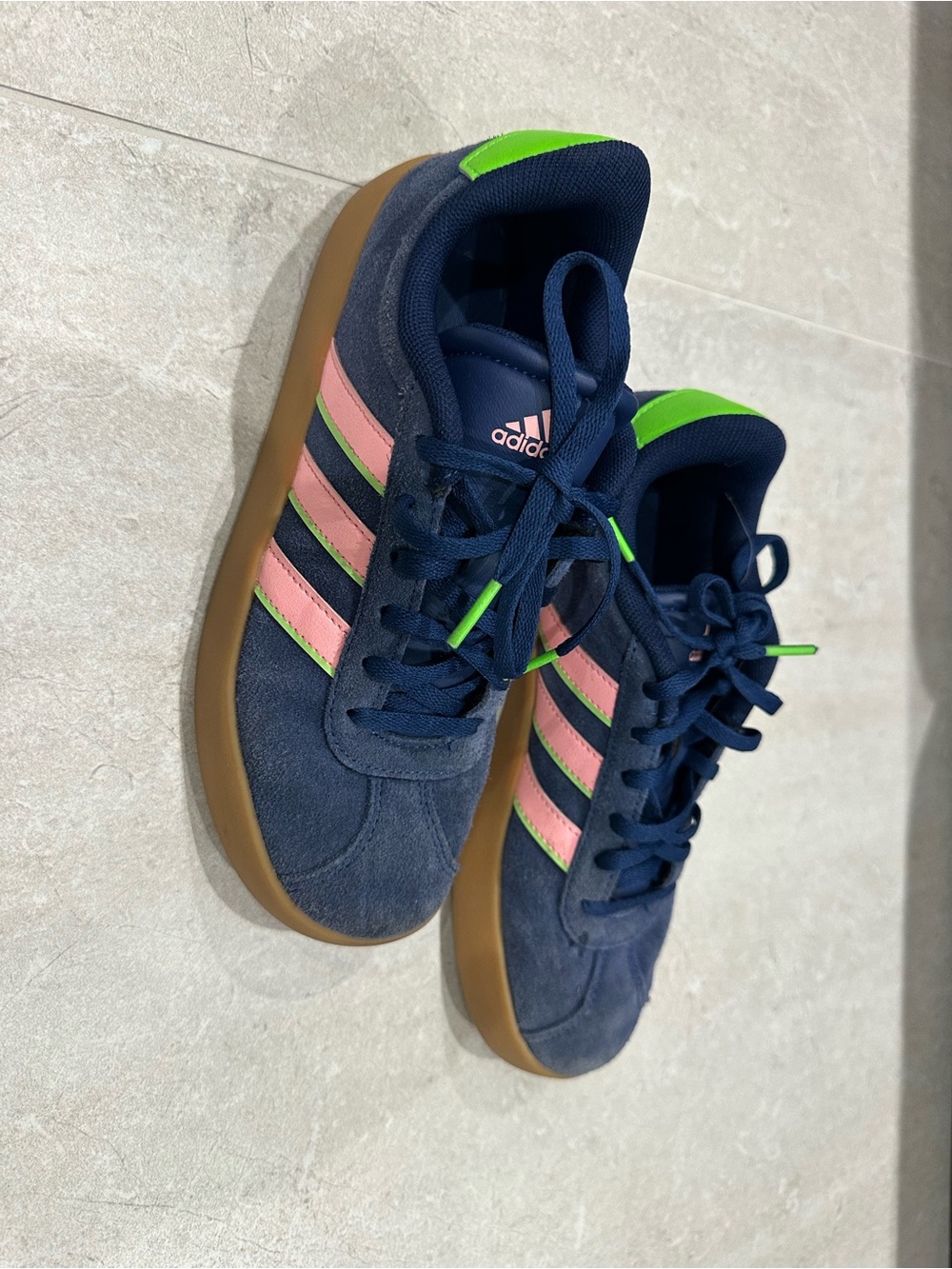 adidas Kids Navy Suede Sneakers with Pink Stripes and Neon Green Accents